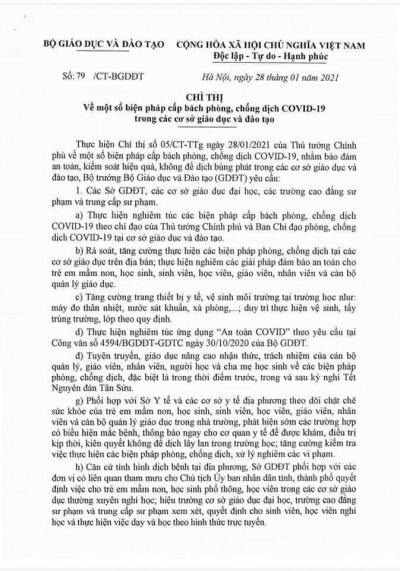 Chỉ thị 79. Biện pháp phòng, chống dịch Covid 19