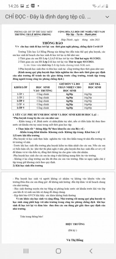Thông báo lịch đi học trở lại ngày 1/3/2021