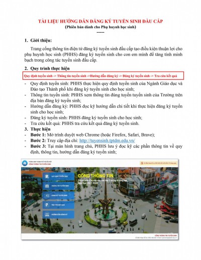Tài liệu hướng dẫn đăng ký tuyển sinh đầu cấp và tra cứu hồ sơ