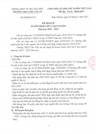 Kế hoạch tuyển sinh lớp 6 tạo nguồn năm học 2022-2023