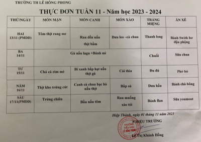 Thực đơn tuần 11. Năm học 2023 - 2024