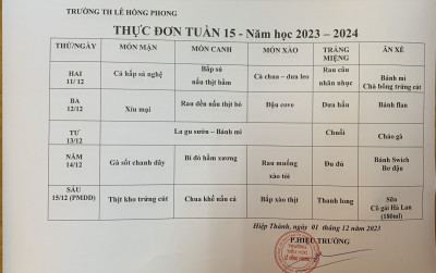 Thực đơn Tuầ 15. Năm học 2023-2024