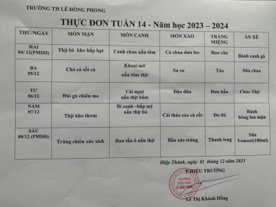 Thực đơn Tuần 14. Năm học 2023-2024