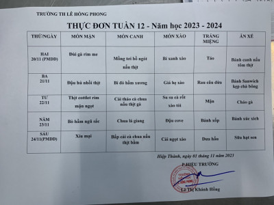 Thực đơn Tuần 12. Năm học 2023-2024