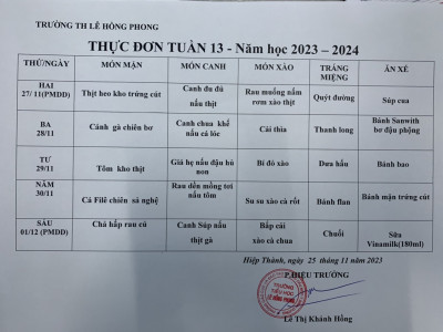 Thực đơn Tuần 13. Năm học 2023-2024