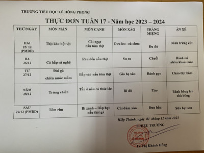 Thực đơn Tuần 17.  Năm học 2023-2024