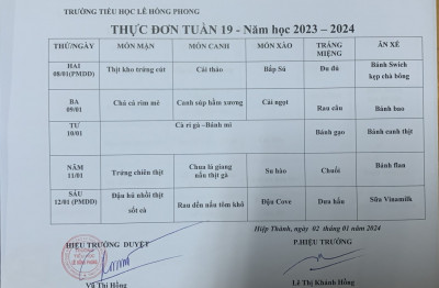 Thực đơn Tuần 19. Năm học 2023-2024